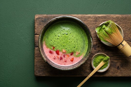 Whisking together vibrant matcha and strawberry foam in a traditional bowl creating a delightful blend of colors and flavors showcasing culinary artistry