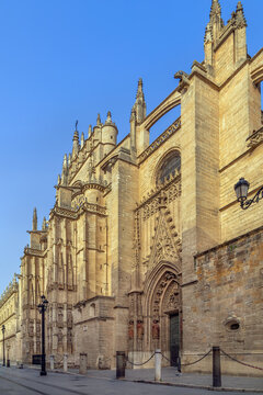 Gothic facade of Seville Cathedral in Spain with stone carvings. Historic religious architecture under clear blue sky