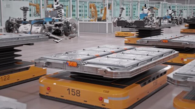 Rows of Lithium-Ion Battery Modules loaded on AGVs inside Fully Automated Modern Car Factory. AI-powered Humanoid Robots and Robotic Arms Assembling Electric Cars in Background. 3d animation render