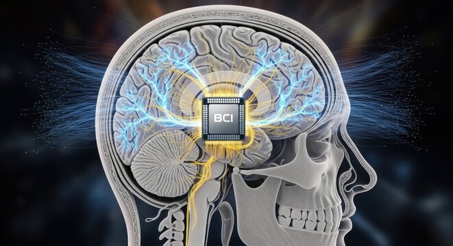 A stylized illustration depicts a human brain overlaid with a microchip, symbolizing a brain-computer interface (BCI). Neural pathways radiate 