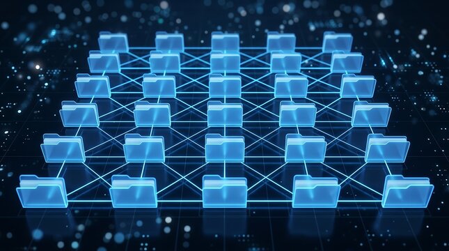 Abstract data structure with connected digital folders on a dark surface, concept for database management, information technology and cloud storage solutions