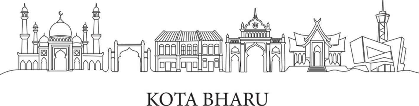 Black line art shows Kota Bharu's skyline