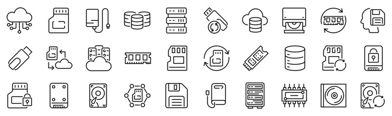 Set of 30 outline icons related to memory storage. Linear icon collection. Editable stroke. Vector illustration © SkyLine