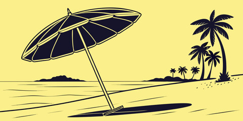 Tropical beach scene with an umbrella standing in sand and palm trees umbrella tropical vacation landscape silhouette illustration monochrome peaceful environment background destination © Eva