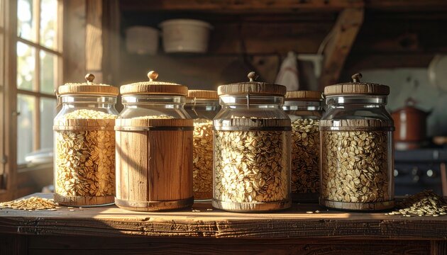 Rustic glass canisters with wooden lids filled with various rolled oats and grains sitting on a wooden kitchen counter in warm soft natural sunlight for a wholesome pantry organization aesthetic.