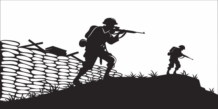 Silhouette graphic of soldiers moving past sandbag fortification in war zone with sandbags military fortification silhouette battlefield infantry tactical conflict strategy illustration