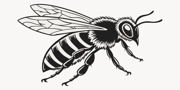 Stylized graphic drawing of a bumblebee with striped abdomen bumblebee wildlife pollinator illustration monochrome stylized biological creature agriculture isolated background detailed