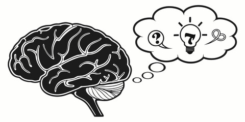Human brain silhouette with thought bubble containing light bulb and question mark creativity question innovation thinking solution intelligence knowledge cognitive illustration brainstorm © Eva