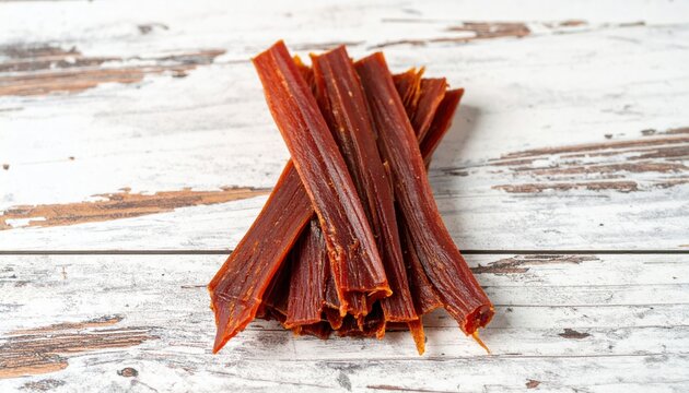 Thin strips of smoked fish jerky arranged in a fan shape on a rustic white wooden background, showcasing a cured sheen and delicious gourmet snack appeal for food photography and marketing.