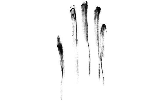 Grungy black handprint with long finger streaks, creepy ink hand mark on white background, dark horror aesthetic palm print texture