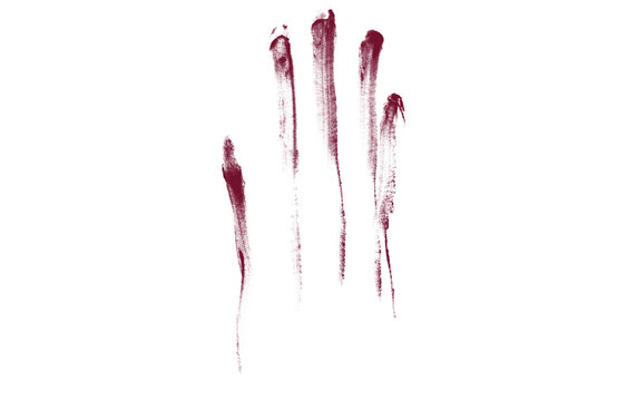 Bloody handprint smear on white background, dark red blood hand mark with finger streaks, horror and crime scene evidence graphic