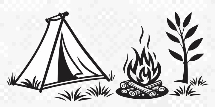 Camping scene graphic with a tent a campfire and a small tree campfire adventure vacation recreation silhouette illustration monochrome isolated background wilderness traveling