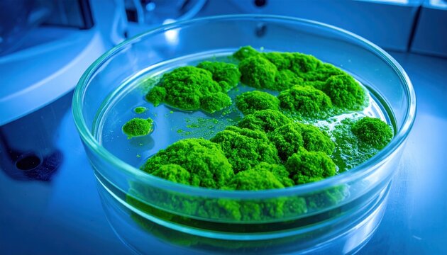 Vibrant green microalgae samples cultivated within a clear glass petri dish, illustrating advanced scientific research and breakthrough biotechnology developments in a modern laboratory setting.