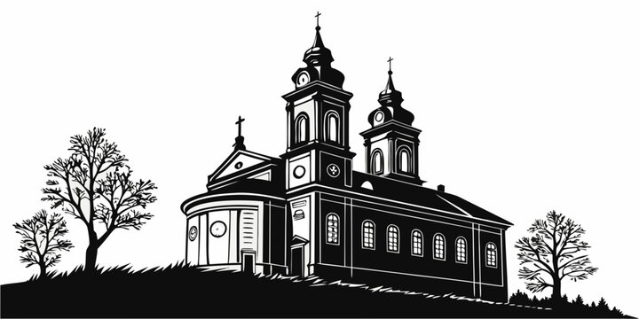 Black and white silhouette of a traditional church with twin bell towers and bare trees silhouette cathedral religion architecture building christianity illustration monochrome isolated