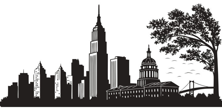 Metropolitan city skyline silhouette with skyscrapers and domed capitol building silhouette skyscraper architecture buildings metropolis illustration monochrome isolated landmark downtown
