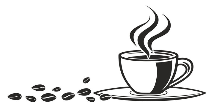 Stylized coffee cup and roasted coffee beans vector graphic design with caffeine beverage espresso steaming illustration cappuccino minimalist isolated breakfast drinkable stimulant