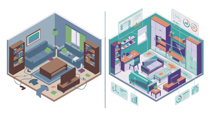 Fototapeta premium AI Room Planning Before and After Layout Vector