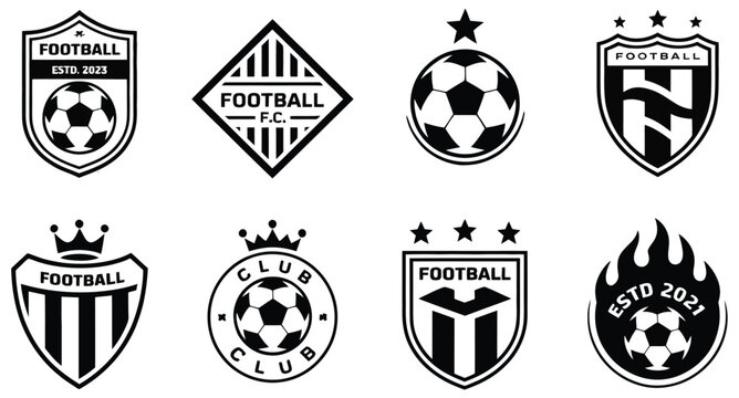 Soccer shield logo icon collection, football club badge emblems, sports team identity symbols, modern vector set for branding, competition, and athletic design.