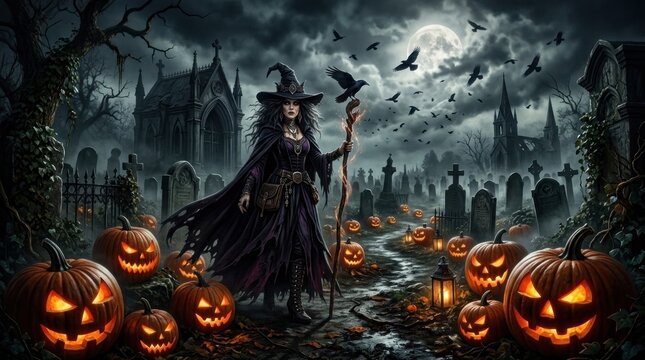 A dark, atmospheric image depicts a witch soaring through a moonlit landscape on a broomstick. She wears a black robe and hat, carrying a small bag. 