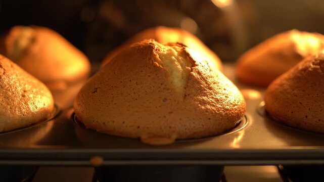 This shows a close-up shot of bread rolls baking in an oven. The warm lighting and rising steam create a cozy atmosphere, highlighting the golden brown color of the freshly baked bread.