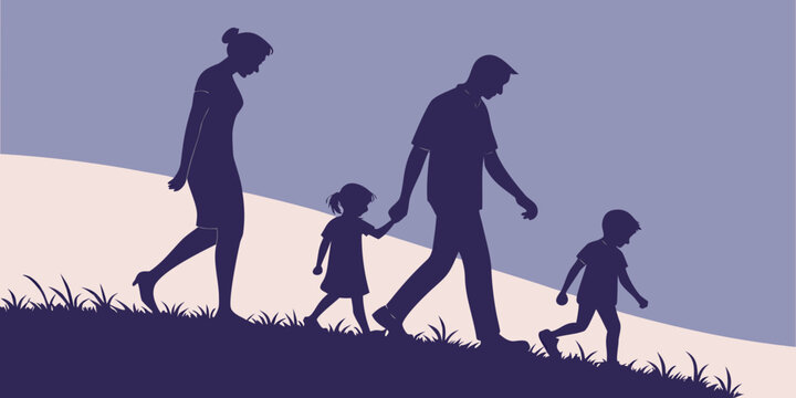 Family silhouette walking together outdoors vector illustration with silhouette children lifestyle together parenting daughter togetherness childhood recreation illustration twilight