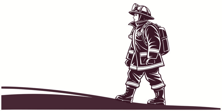 Graphic illustration of a firefighter walking wearing full protective gear and helmet with firefighter protective emergency professional protection silhouette minimalist illustration character