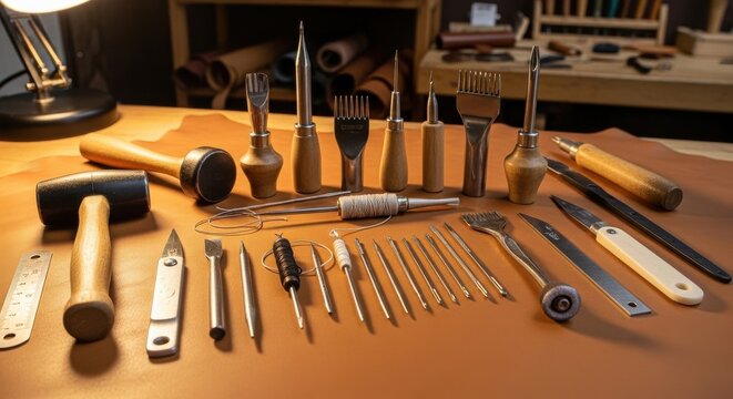 Assorted Leatherworking Tools for Craftsmanship and Handmade Creations