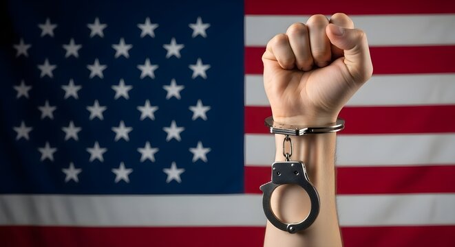 Handcuffed Raised Fist Against United States Flag: Concept of Justice and Freedom
