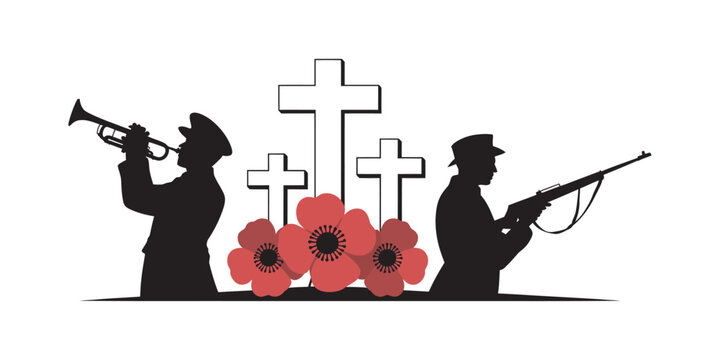 Remembrance day illustration, soldiers silhouette with bugle and rifle, red poppy flowers symbol, solemn tribute concept, memorial theme, clean vector design
