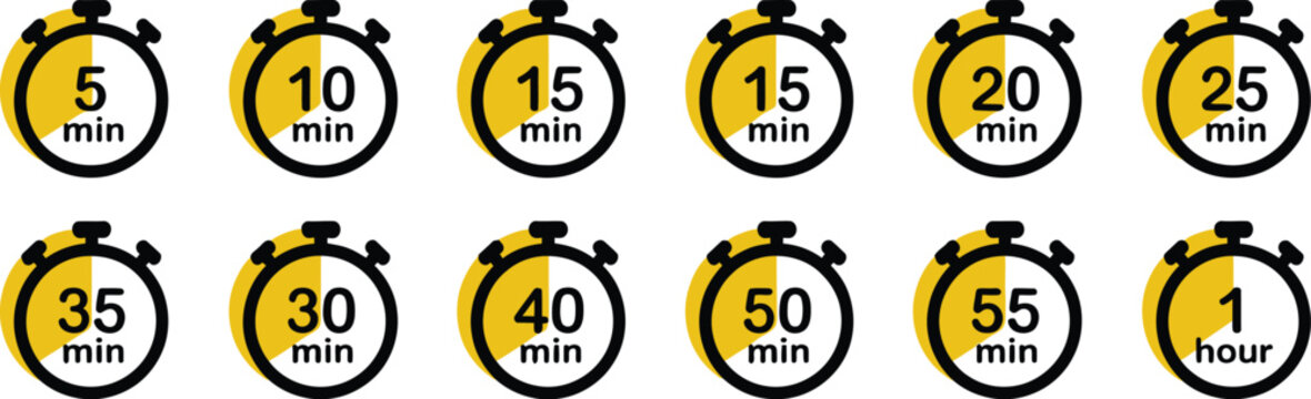 Set of timer and stopwatch icons kitchen timer icon with different minutes cooking time symbols and labels vector illustration design