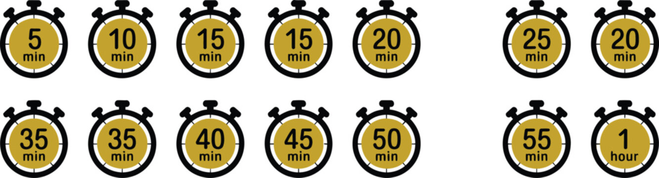 Set of timer and stopwatch icons kitchen timer icon with different time durations cooking timing symbols and labels vector illustration concept