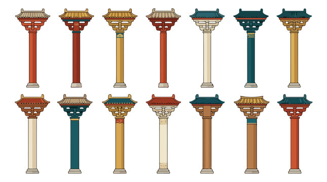 Collection of traditional Chinese pagodas in vibrant colors with ornate multi-tiered roofs and pillars