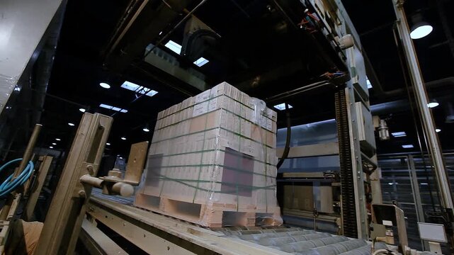 Finished product packaging. Packing boxes with ceramic tiles on a modern packaging machine. Automatic packing line.