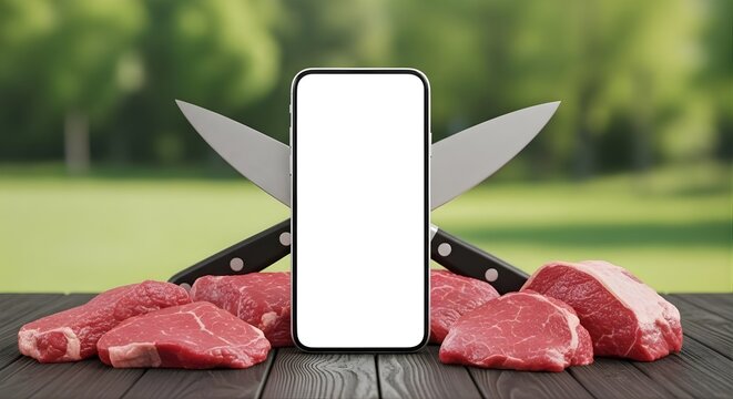 Smartphone Mockup with Blank Screen and Raw Meat Steaks for Food Delivery App