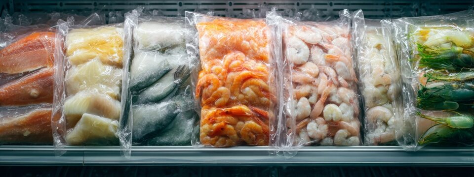 Freshly Packed Frozen Seafood Mix Displayed on Supermarket Shelf for Chilled Food Section