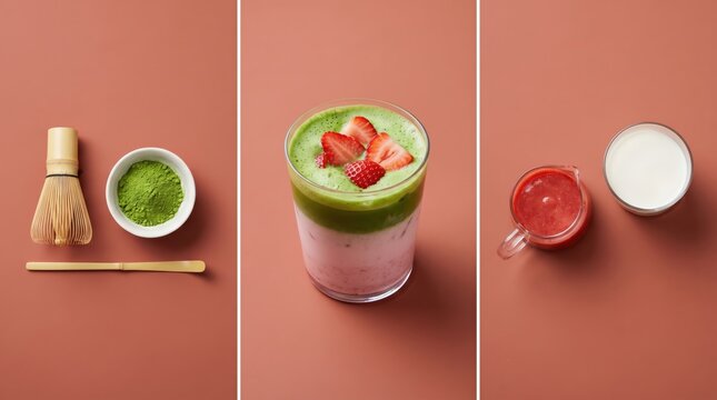 Refreshing matcha latte with strawberries layered in a transparent glass showcasing vibrant colors and artisan preparation techniques emphasizing healthy beverage trends