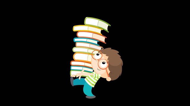 Cute Cartoon Kid Walking and Carrying Stack of Books Education Concept Animation Loop Back to School , Quicktime with Alpha Channel 24 fps