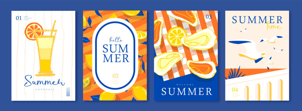 Set of summer Italian posters or covers with oysters, cocktail, lemonade, lemons, seagulls and beach landscape. Vector illustration
