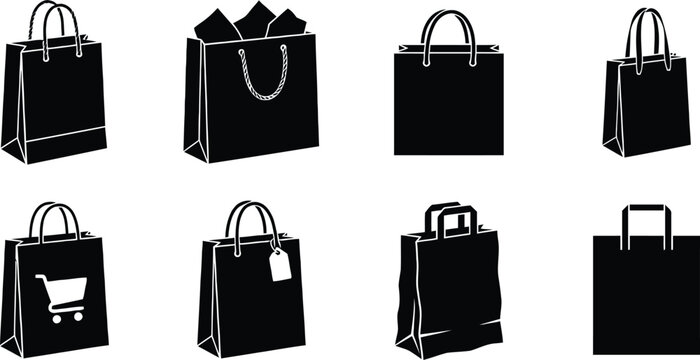 Plastic Reusable Shopping Bag Icon Silhouette Vector Set