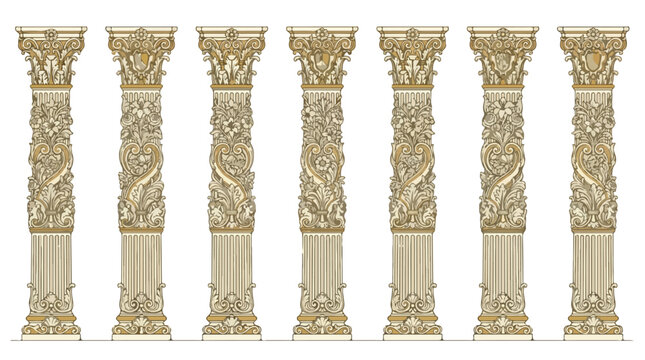 Elegant row of ornate golden columns with intricate baroque scrollwork and floral carvings on white background