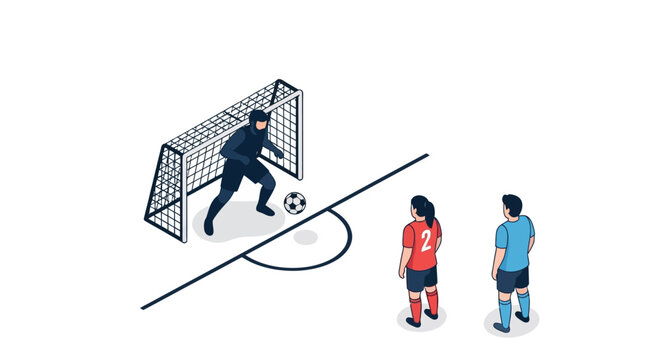 Isometric illustration of a soccer player defending the goal against a penalty kick.