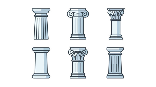 Set of classical architectural columns including Doric Ionic Corinthian Tuscan and Composite in clean line art style
