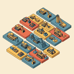 Obraz premium Isometric illustration of various construction vehicles and heavy machinery displayed on platforms.