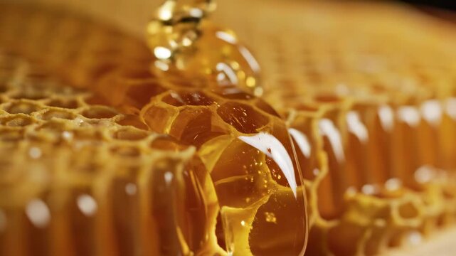 This captures a close-up shot of honey dripping from a beehive, showcasing the golden liquid and the intricate honeycomb structure in a natural setting, highlighting the beauty of the apiary and the