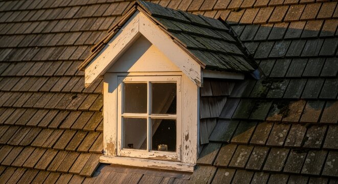 A weathered dormer attic window with a white painted frame nestled into a wooden shingled roof.