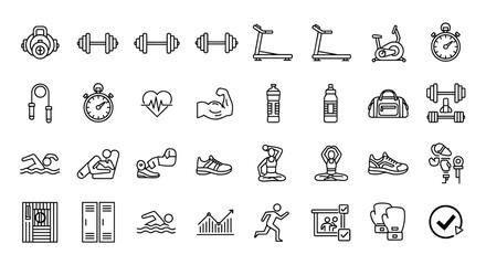 Fototapeta premium Fitness and Sport Icons Set Vector Collection Kettlebell Dumbbell Treadmill Exercise Bike Stopwatch Jump Rope Stopwatch Heart Health