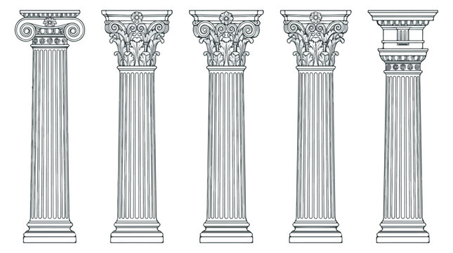 Set of classical architectural columns featuring Doric Ionic Corinthian and composite styles in detailed line art