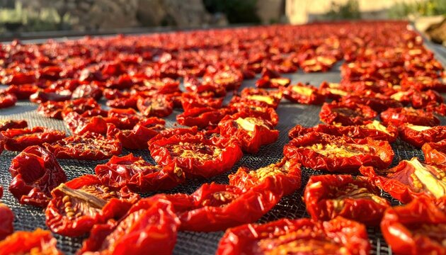 Sun dried tomatoes arranged on a mesh tray for dehydration outdoors under bright sunlight during the summer season, creating a rustic and traditional Mediterranean culinary food background.