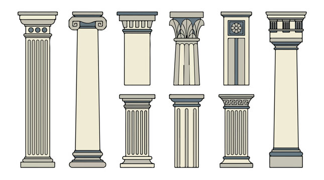 Set of classical architectural columns Doric Ionic Corinthian Tuscan Composite in elegant line art style