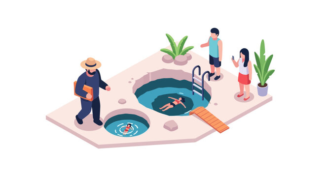 Isometric illustration of a swimming pool with people enjoying leisure time.